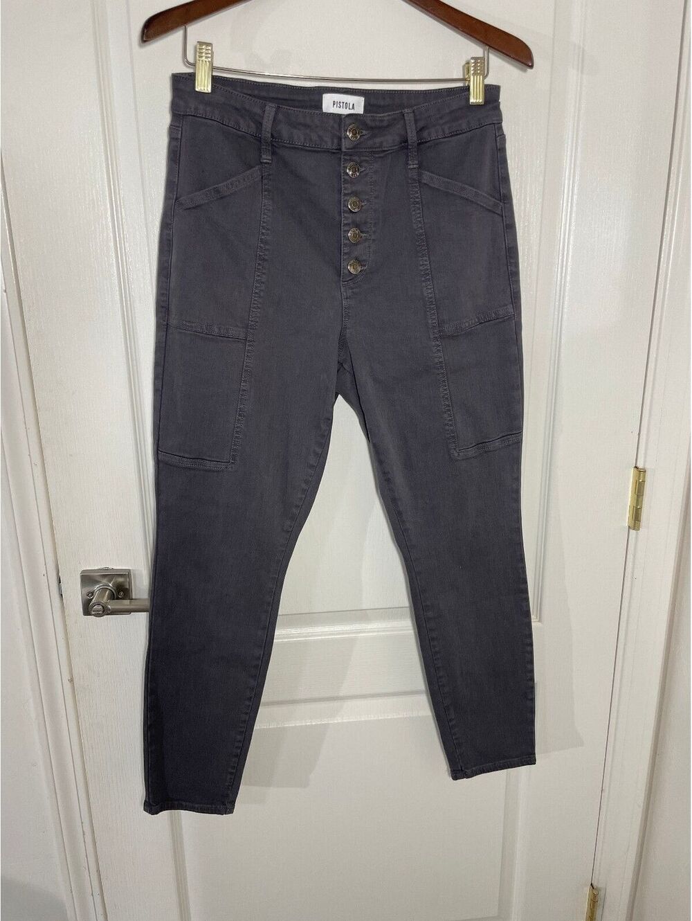 Pistola button front black denim jeans patch pockets skinny crop size 30
